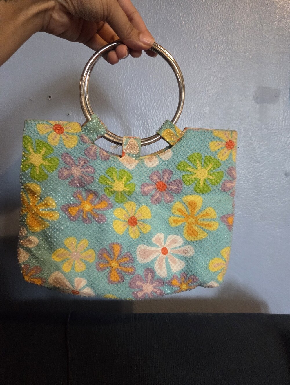 Turquoise Floral Sequin Ring-Handle Tote
